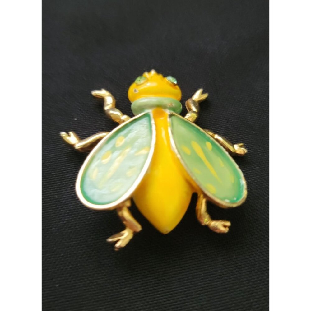 Vintage WEISS Enamel Fly Brooch w/ Green Rhinestones Insect Pin Jewelry SIGNED - Picture 2 of 8